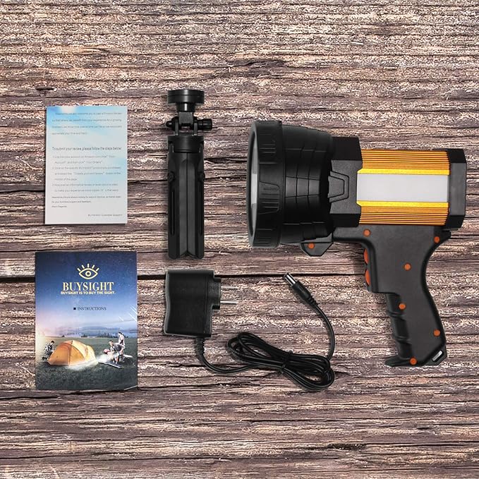BUYSIGHT Rechargeable Spotlight, 1000 high Lumen Handheld Flashlight, Large Flashlight Lightweight and Super Bright Searchlight (Gold Aluminium_Alloy)