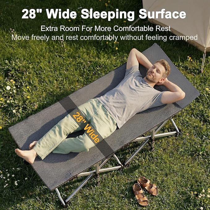 ABORON Camping Cot for Adult 28" Extra Wide, 2PK Heavy-Duty 1200D Oxford Cot for Sleeping, Portable Folding Camp Bed with Mat & Carry Bag
