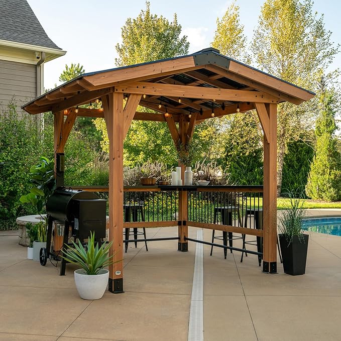 Backyard Discovery Granada 10' x 9' Cedar Wood BBQ Grill Gazebo Pavilion with Hardtop Galvanized Steel Roof, Bar Tops, Powerport, Snow Support, Wind Resistance, Cook Station for Outdoor Patio or Deck