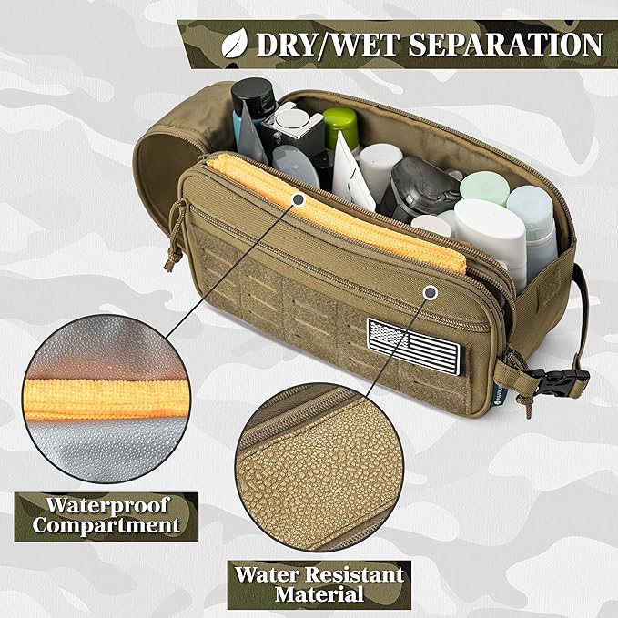 PAVILIA Extra Large Tactical Toiletry Bag for Men, Travel Hygiene Bag, Military Gear Dopp Kit, Molle Accessories Pouch, Shaving Grooming Essentials Gym Bathroom Shower Toiletries Tool EDC, Tan XL