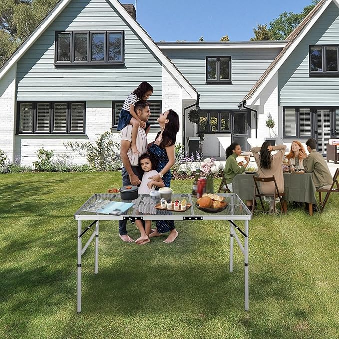 REDCAMP 48x24 Long Folding Grill Table for Outside, Lightweight Portable Metal Aluminum Outdoor Grill Table with Adjustable Height Legs, Great for Camping Picnic Cooking BBQ, Silver 4ft