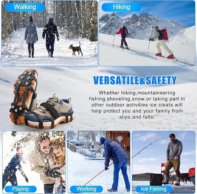 Ice Cleats for Shoes and Boots Snow Traction Cleats Crampons for Walking on Snow and Ice 9 Studs Non-Slip Overshoe Rubber Anti Slip Crampons Slip-on Stretch Footwear Winter Hiking Climbing Ice Fishing