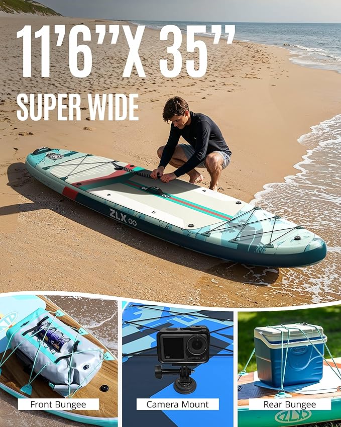 ZLX 11'6" Extra Wide Inflatable Stand Up Paddle Board SUP, Stable Non-Slip Deck Pad, Unique Fin System and Premium iSUP Accessories - Portable Backpack & Upgraded Pump for Adults, All Skill Levels