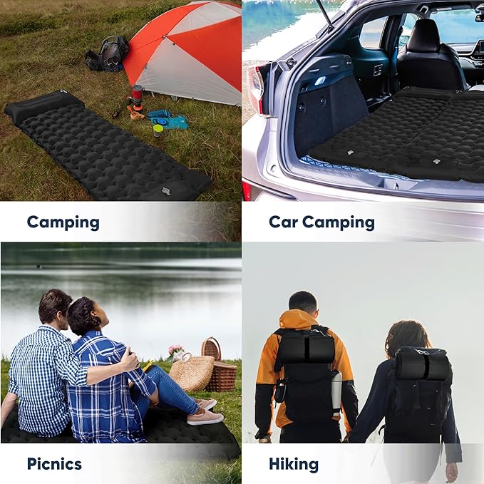 POWERLIX Camping Sleeping Pad 2 Pack, Foot Pump Sleeping Pad for Camping with Built in Pillow, Inflatable Camping Mat, Lightweight Compact Air Mattress Pad for Backpacking Hiking Travelling