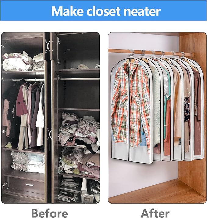 MsKitchen Clear Plastic Hanging Clothes Bags with 4" Gusseted Garment Bags for Storage, Suits, Coats, Sweaters, Shirts - 24" x 40" x 4"",3 Pack