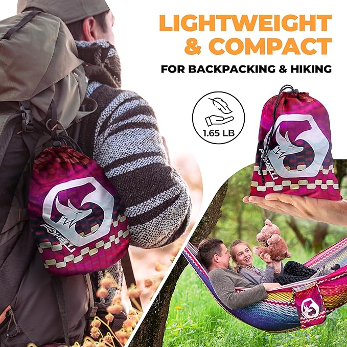 Foxelli Camping Hammock - Lightweight Portable Hammock, Easy Setup with Tree-Friendly Ropes & Steel Carabiners, Heavy Duty Parachute Nylon for Indoors and Outdoors