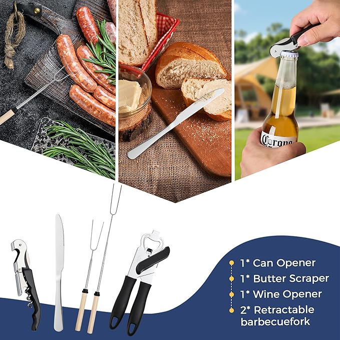 Portable Camping Kitchen Utensil 34 Pcs Set- Cookware Kit, Stainless Steel Outdoor Cooking and Grilling Utensil Organizer Travel Set Perfect for Travel, Picnics, RVs, Camping, BBQs, Parties