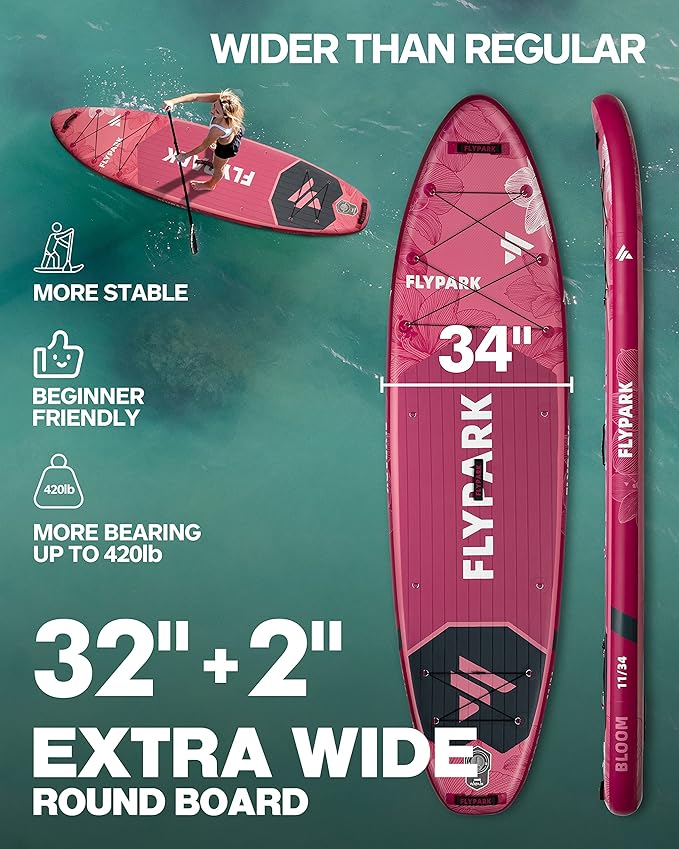 Flypark 11'x34 Inflatable Paddle Boards, Extra Wide SUP for 420lbs/3Adults, Yoga Stand Up Paddle Board, 110L Backpack, 15 D-Rings, Shoulder Strap, US-Fin, 2-Action Pump