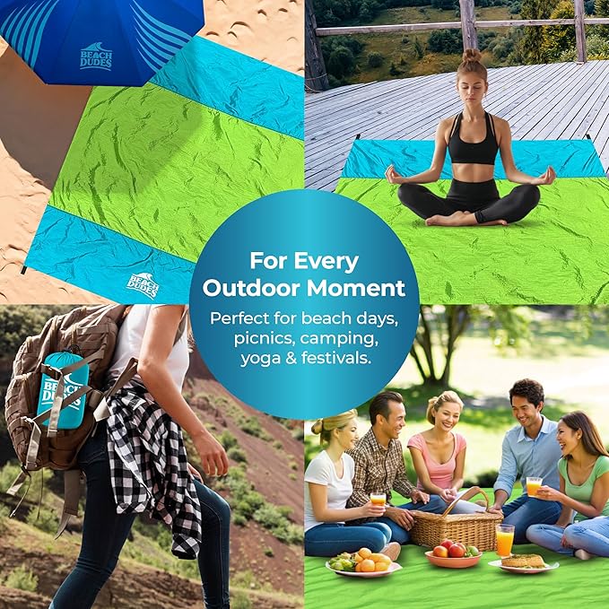 Sandproof Waterproof Beach Blanket Extra Large 108"x 84", Mat for Family, Quick Dry Ripstop Nylon Lightweight, Compact for Travel, Picnic, Camping w/ 4 Anchor Stakes and Carry Bag