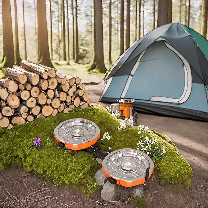 20,000 BTUs 2 Burner Propane Camping Stove, Portable Folding Camp Stove with Adjustable Burners, Regulator and Carrying Bag, Dual Gas Stoves Easy Carrying Handle for Tailgating, Camping, BBQ