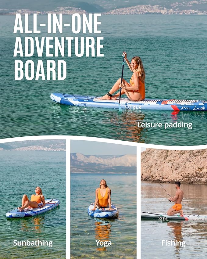 ZLX 11'6" Extra Wide Inflatable Stand Up Paddle Board SUP, Stable Non-Slip Deck Pad, Unique Fin System and Premium iSUP Accessories - Portable Backpack & Upgraded Pump for Adults, All Skill Levels