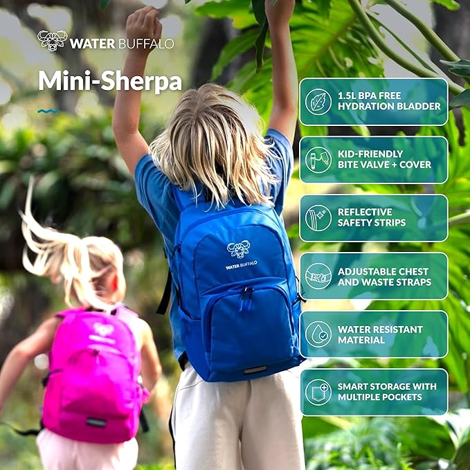 Water Buffalo Mini Sherpa Kids Hiking Backpack – 18L Kids Hydration Backpack with 1.5L Bladder, Adjustable Fit, Smart Storage and Reflective Safety Details
