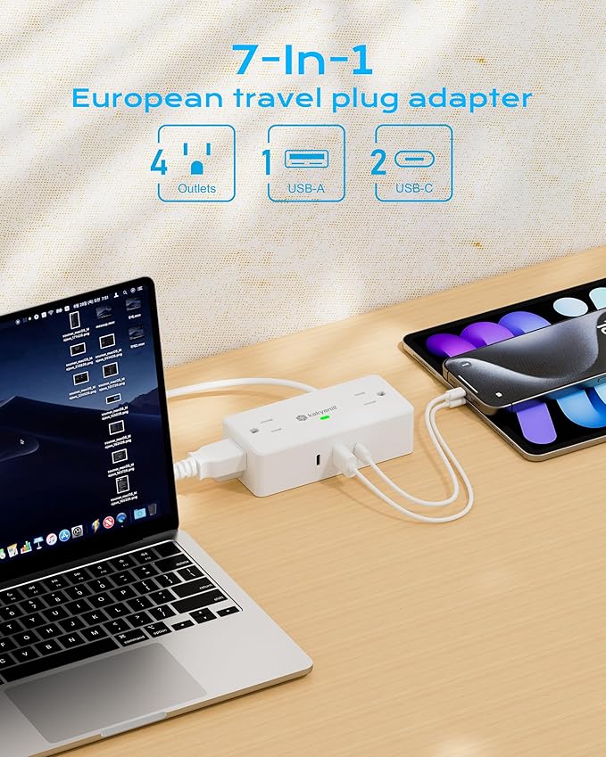 Kakyanill European Travel Plug Adapter, EU/UK/JP Plug Adapter, 4 AC Outlets, 3 USB Ports (2 USB C), 5ft Flat Extension Cord, Compact for Travel