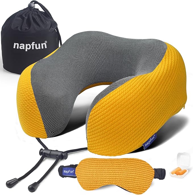 napfun Neck Pillow for Traveling, Upgraded Travel Neck Pillow for Airplane 100% Pure Memory Foam Travel Pillow for Flight Headrest Sleep, Portable Plane Accessories, Yellow, Medium (120-200LB)