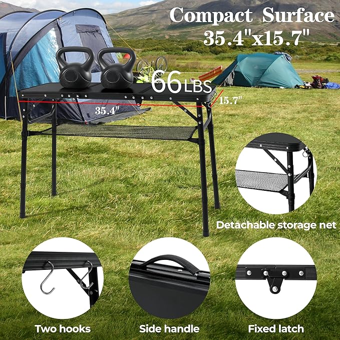 Folding Camping Table with Storage Net,3ft Portable Aluminum Folding Table with 3 Adjustable Height Max 27.3 Inch for Outdoor Backyard BBQ Picnic Cooking Tents Beach Indoor Bedroom（Black）