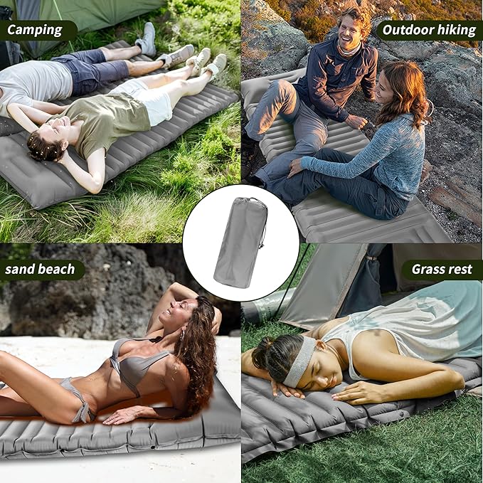 40D Self-Inflating Camping Pad, Insulated Ultralight Sleeping Mat for Backpacking, Winter Camping, 2-Layer Anti-Leak Design w/Built-in Pillow, Foot Pump Foldable Pad, Grey