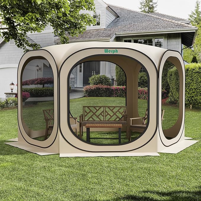 Pop Up Screen Tent Canopy, Portable Screen Canopy with Mosquito Net, Outdoor Screen Room Tent 12 x12 FT with Carry Bag for Lawn & Garden, Parties，Beige