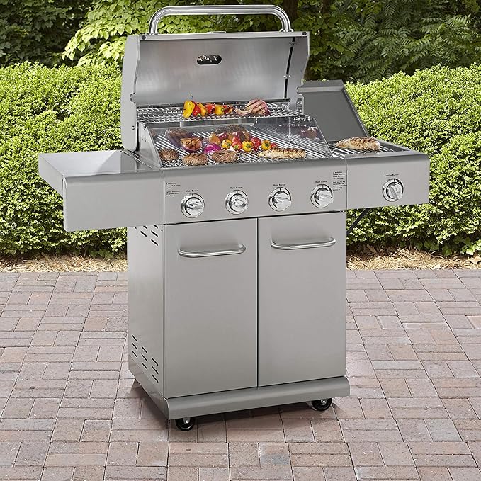 Kenmore 4-Burner BBQ Gas Grill with Searing Side Burner, Stainless Steel Propane Grill, 52,000 BTUs, Cabinet Style, Includes Warming Rack, Electronic Ignition & Stainless Steel Cooking Grates