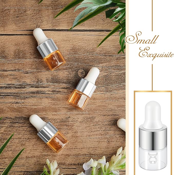 100 Pcs Mini Glass Oil Dropper Bottle Bulk, Clear Essential Small Empty Bottles Sample Containers Perfume Liquid Vials with Cap for Traveling (1 ml,Silver)