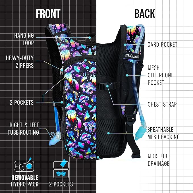 Sojourner Rave Hydration Pack - Hydration Backpack - Hydropack with 2L Bladder - Water Backpack for Festivals, Hiking, Running, Biking and More