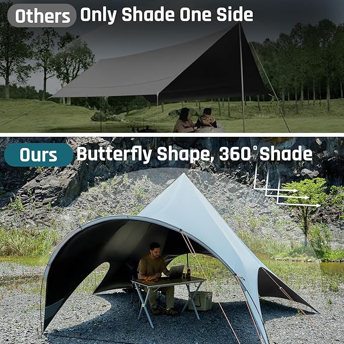 Large Blackout Camping Tarp with Poles Waterproof Shade Canopy Tent Tarp Butterfly-Designed Shelter for Outdoor Camping Backyard - Included Guy Lines & Luminous Tent Stakes (Gray)