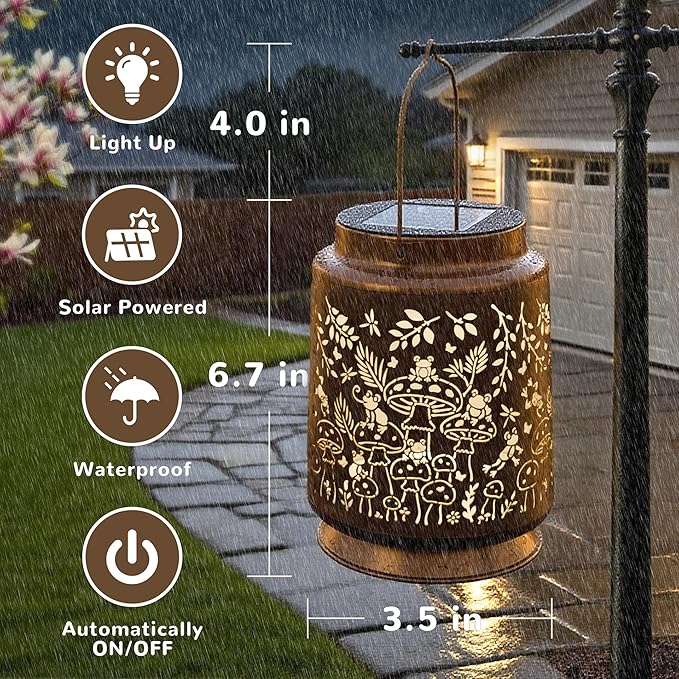 Mushroom & Frog Solar Lantern for Garden Outdoor Decor – Hanging Metal Light Decoration for Patio, Yard, Lawn, Pathway, Backyard – Birthday Gift for Mom, Women, Grandma
