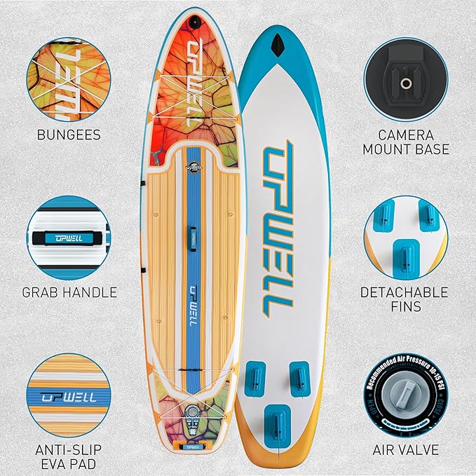 UPWELL 11’6”/11'2”/11'/10'8”/10'6”/10'2” Inflatable Stand Up Paddle Board with sup Accessories Including Backpack, Repairing Kits, Non-Slip Deck, Leash, 3 Fins, Paddle and Hand Pump