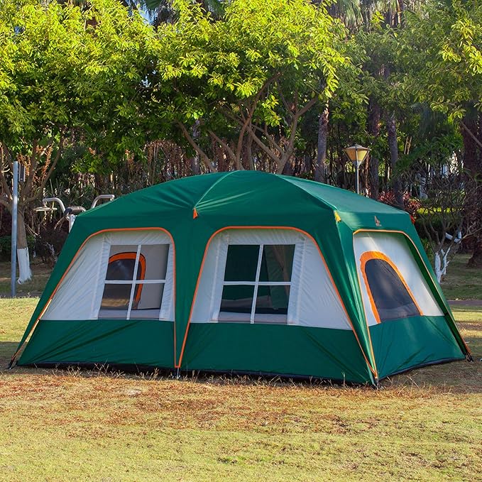KTT Large Family Cabin Tent 10-12 Person,14.1X10X6.58ft,2 Rooms,3 Storage Pockets,2 Bay-Windows 3 Doors and 3 Windows with Mesh,Straight Wall,Waterproof,Double Layer,Big Tent for Outdoor,Camping