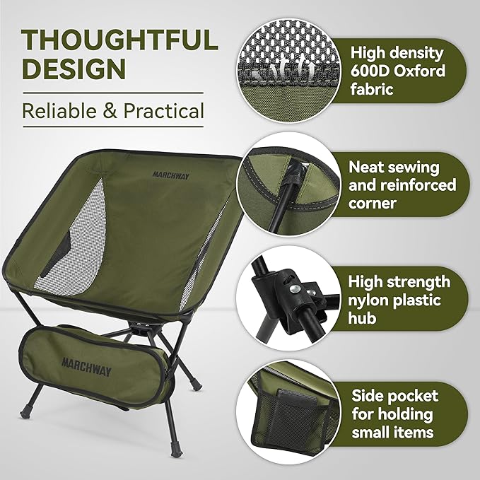 MARCHWAY Lightweight Folding Camping Chair, Portable Foldable Compact for Outdoor Camp, Travel, Beach, Picnic, Festival, Hiking, Backpacking, Supports 330Lbs (Green)
