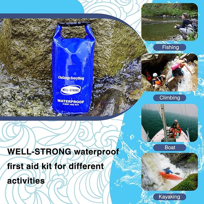 Waterproof First Aid Kit Roll Top Boat Emergency Kit with Waterproof Contents for Fishing Kayaking Boating Swimming Camping Rafting Beach Blue