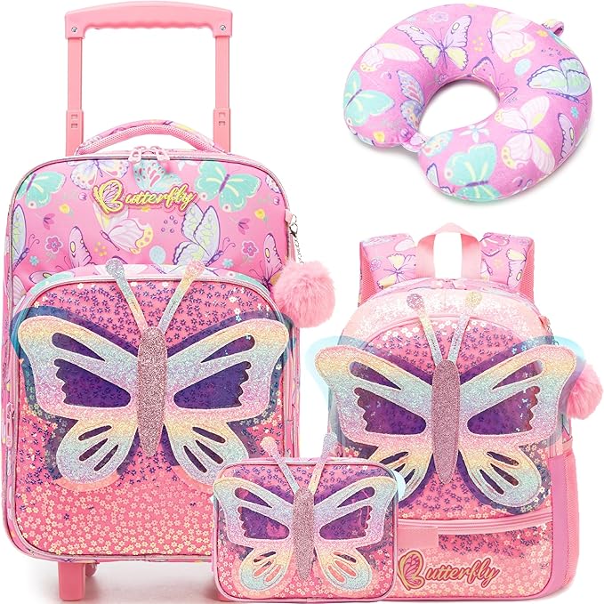 Kids Carry On Luggage with Wheels Softside Kids Suitcase for Girls Airline Approved & Girls Multi-function Carry Bag 4pcs Set