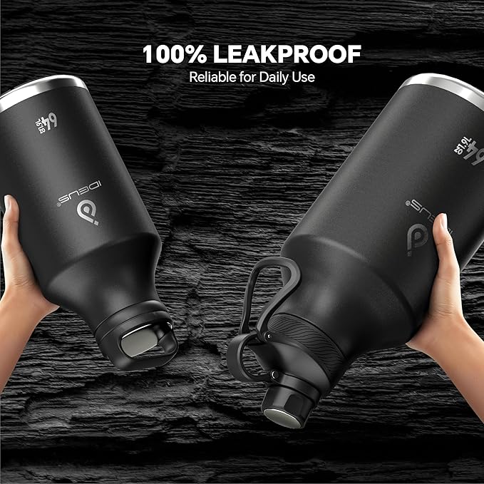 IDEUS Insulated Stainless Steel Water Bottle with 2 Leak-Proof Lids, Thermal Water Flask for Hiking Biking, 64oz, Black