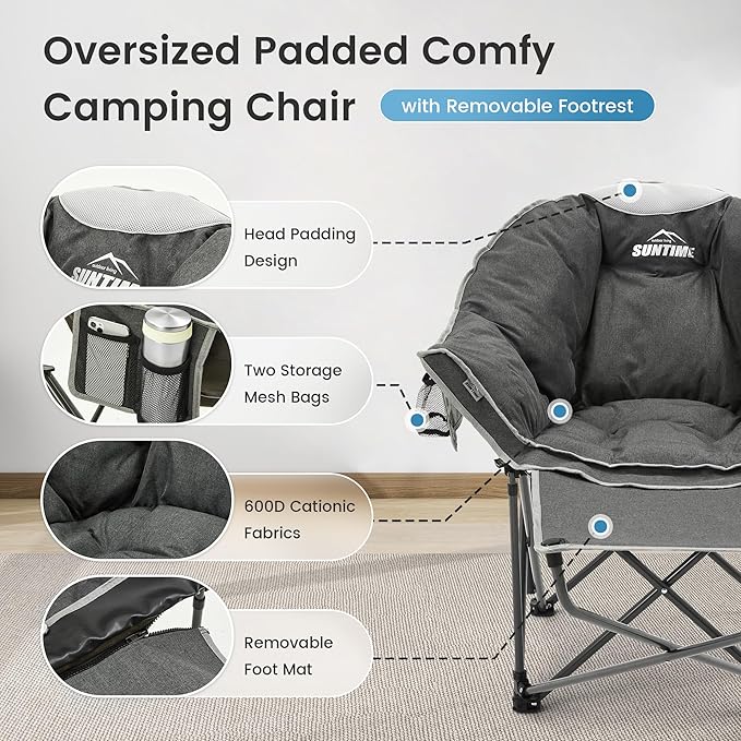 OUTDOOR LIVING SUNTIME Oversized Padded Comfy Camping Chair with Removable Footrest， Weight Capacity 400 LBS, Heavy Duty Moon Round Leisure Folding Chair for Camping, Hiking, Carry Bag, Gray