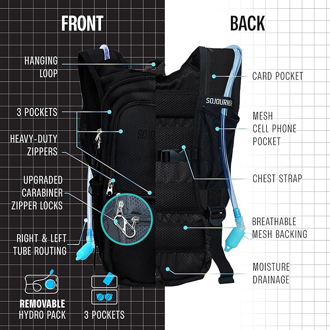 Sojourner Hydration Pack, Hydration Backpack - Water Backpack with 2l Hydration Bladder, Festival Essential - Rave Hydration Pack Hydropack Hydro for Hiking, Running, Biking, Festival Gear