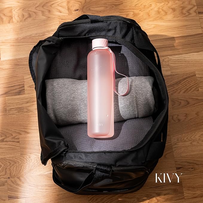 KIVY Slim Water Bottle 32oz [Lightweight & Shatterproof] Fits Backpack & Cupholder for Travel, Sports, School, Gym - Rose gold, Pink bottle no straw - Gym water bottle for women - Dishwasher Safe
