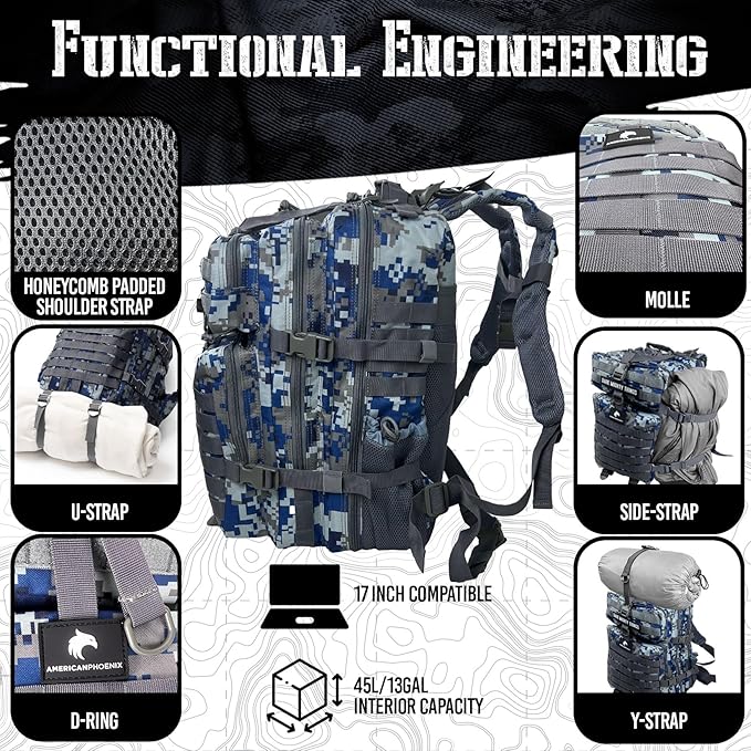 AMERICANPHOENIX 45L Elite Tactical Backpack | 3X Stronger Work & Military Backpack | Water Resistant and Heavy Duty | 3 Day MOLLE Bug Out Bag (Blue Jay)