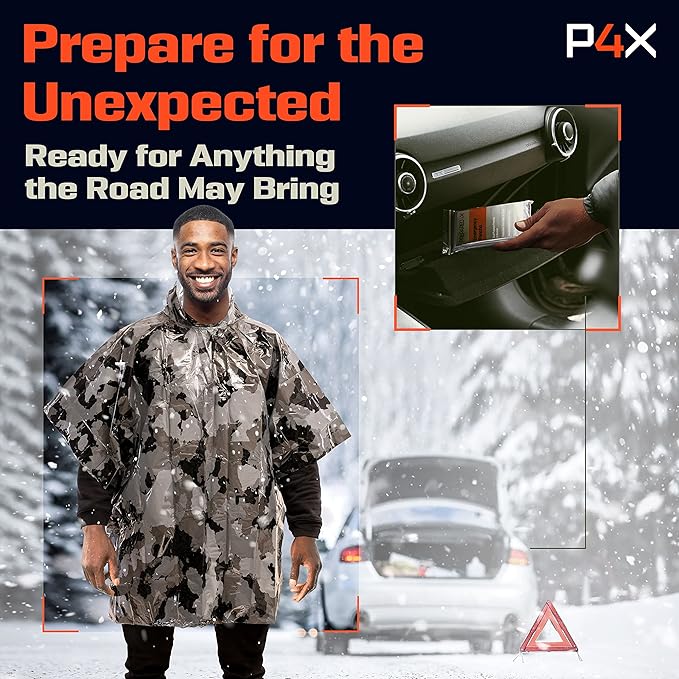 PREPARED4X Emergency Poncho and Mylar Blanket Liner - Waterproof, Wind-Resistant Outdoor Rain Poncho for Camping, Emergencies
