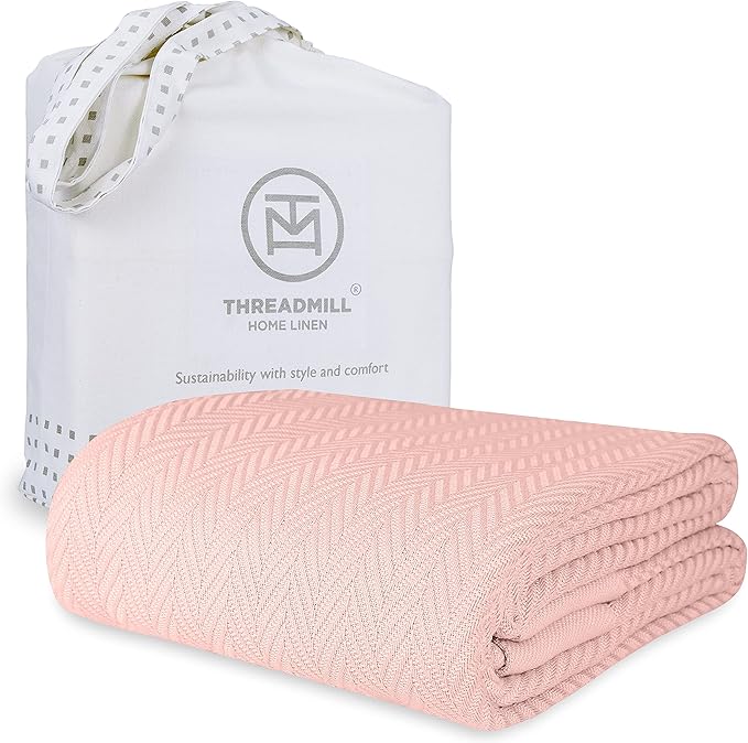 Threadmill Luxury Cotton Blankets for Twin Size Bed | All-Season 100% Cotton Twin Blanket for Bed | Herringbone Soft & Cozy Fall Thermal Blanket, 350GSM, 68x92 inches | English Rose