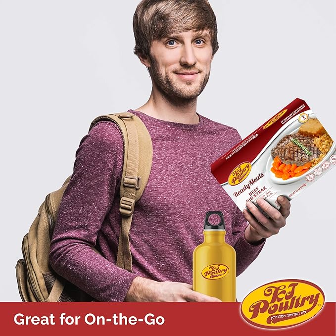 KJ Poultry Kosher Ready Meals - Beef Rib Steak & Kugel, MRE Meat Meals Ready to Eat, Shabbos Food (1 Pack) Prepared Entree Fully Cooked, Shelf Stable Microwave Dinner Travel Military Camping Survival