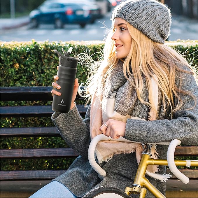 IDEUS Insulated Stainless Steel Water Bottle with 2 Leak-Proof Lids, Thermal Water Flask for Hiking Biking, 24oz, Black