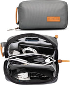 Tech Bag Organizer - Small Electronics Organizer Pouch for Travel - Premium Travel Case with Leather Accents - Mesh Pocket for Cables, Cords and Chargers (Grey)