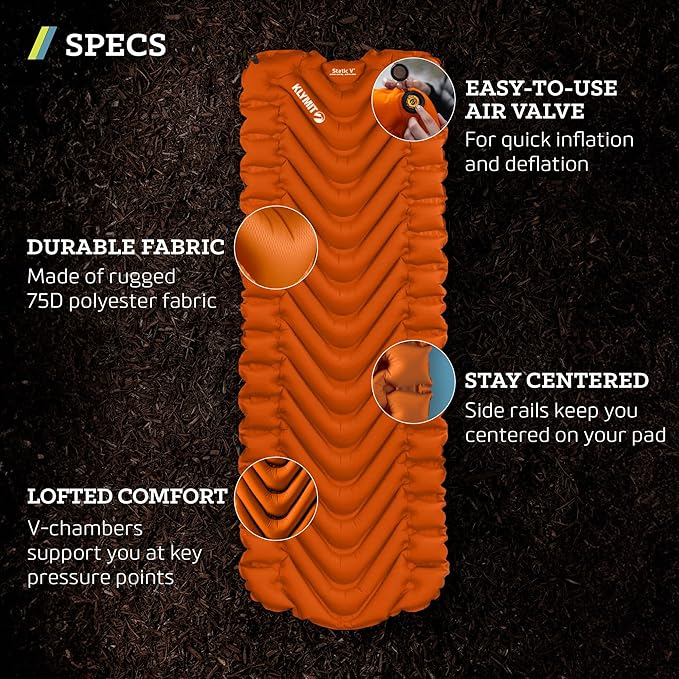 KLYMIT Static V Lightweight Inflatable Sleeping Pad | Comfortable, Lightweight, Easy to Inflate Portable Air Bed Mattress for Camping, Backpacking and Hiking — Orange