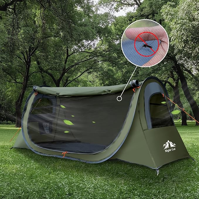 Night Cat Pop-up Camping Tent: 1 Person Tent Waterproof Instant Easy Setup Tunnel Tent Fits with Camping Cot (Excluded)
