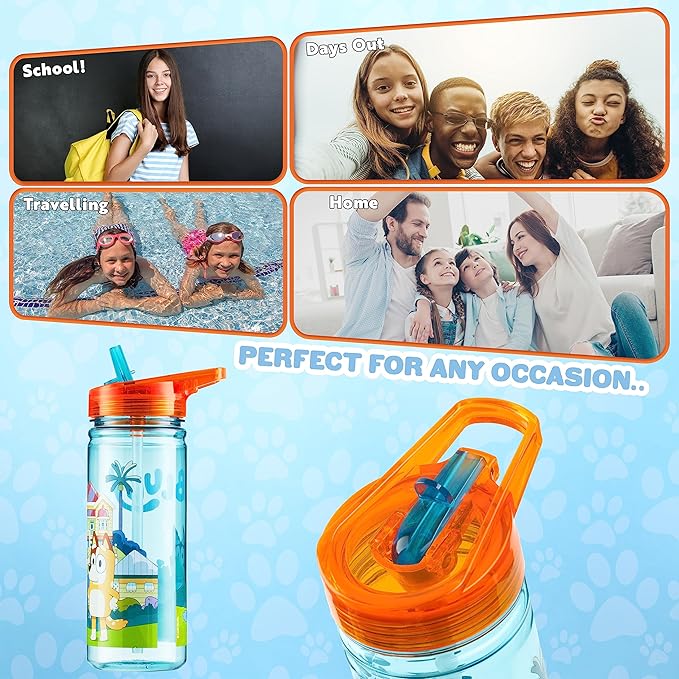 Bluey 560ml/580ml Plastic Water Bottle with Straw, BPA Free, 3D Travel Reusable Bottle, Perfect for Nursery, Preschool, Sports, Days Out