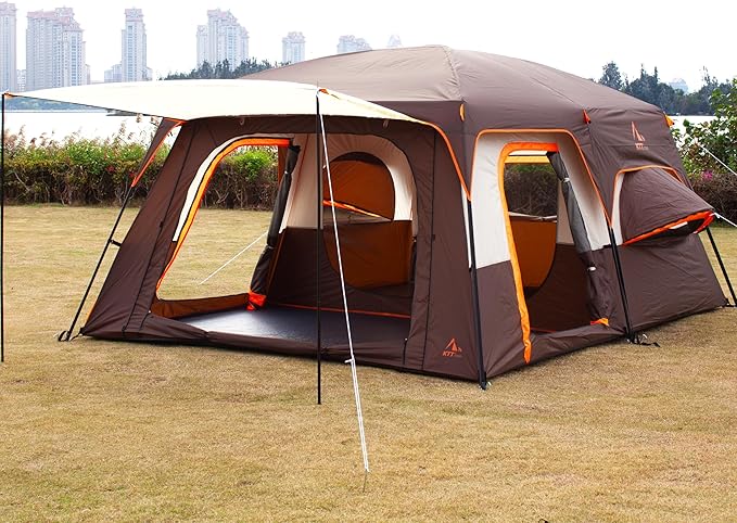 KTT Large Family Cabin Tent 10-12 Person,14.1X10X6.58ft,2 Rooms,3 Storage Pockets,2 Bay-Windows 3 Doors and 3 Windows with Mesh,Straight Wall,Waterproof,Double Layer,Big Tent for Outdoor,Camping