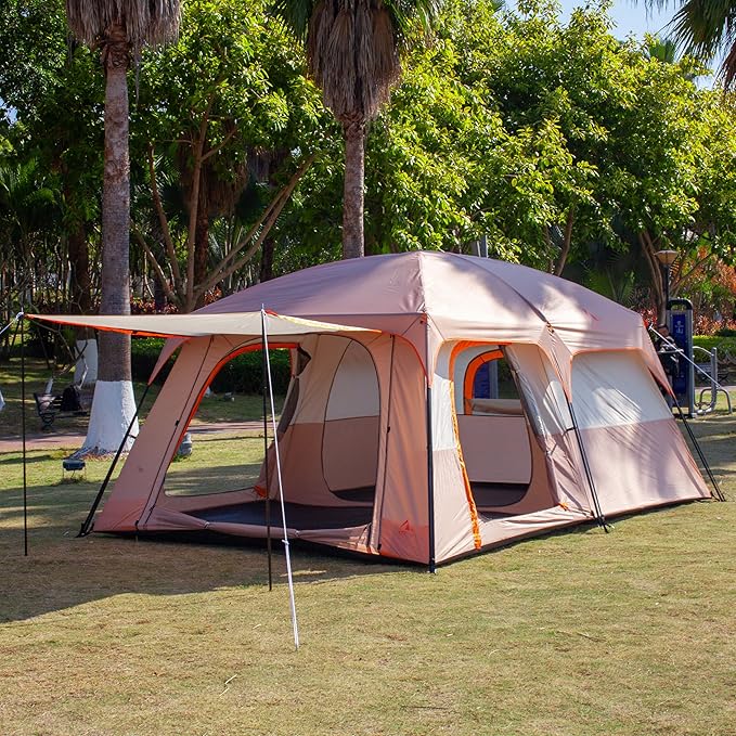 KTT Large Family Cabin Tent 10-12 Person,14.1X10X6.58ft,2 Rooms,3 Storage Pockets,2 Bay-Windows 3 Doors and 3 Windows with Mesh,Straight Wall,Waterproof,Double Layer,Big Tent for Outdoor,Camping
