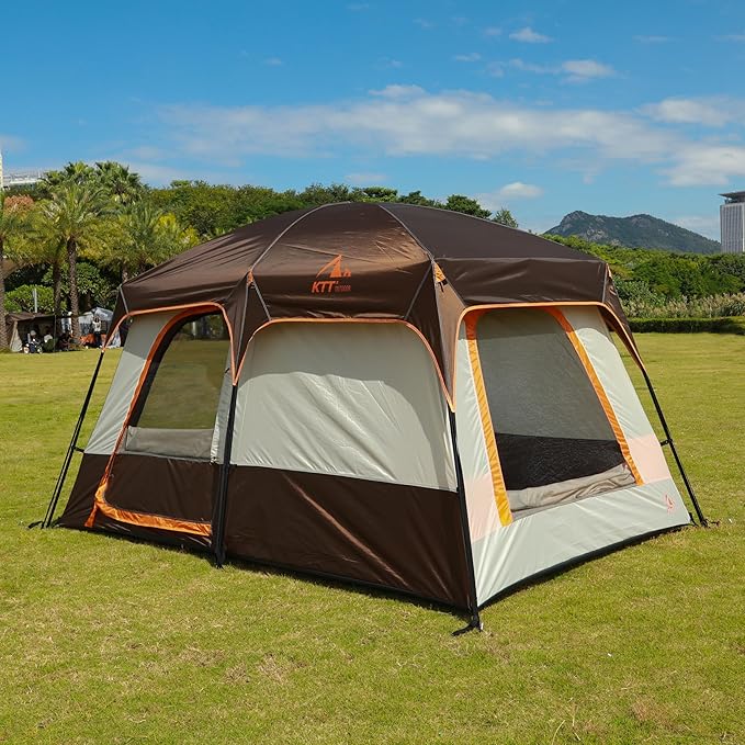 KTT Large Tent 6-12 Person,Family Cabin Tents,Straight Wall,3 Doors and 3 Windows with Mesh,Waterproof,Big Tent for Outdoor,Picnic,Camping,Family,Friends Gathering.