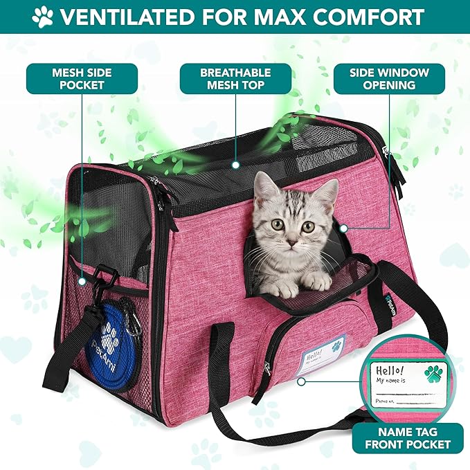 PetAmi Airline Approved Pet Carrier for Cats & Small Dogs, Soft Sided TSA Travel Carrier Bag Sherpa Bed, Breathable Mesh Ventilation, Collapsible Bowl, Fit Under Seat, Up to 18 lbs, Small Heather Pink