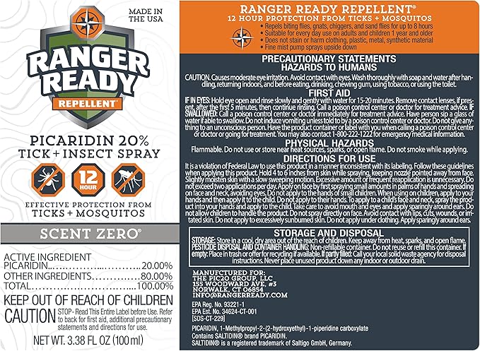 Ranger Ready Repellents Picaridin Insect Repellent Spray - Mosquito Repellent and Tick, Scent Zero, Travel Size Bug Spray (3.4 oz, Pack of 1)