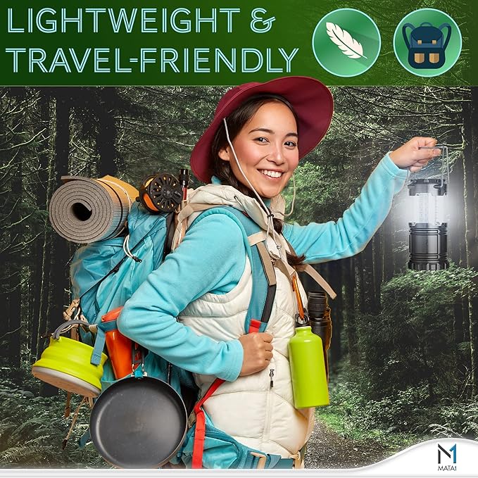 Mata1-USA LED Camping Lanterns (Black, 2 Pack), Emergency Lights for Power Outages, Long-Lasting Battery-Powered Lights w/ 3 Adjustable Brightness Levels, Collapsible Lamps for Indoor & Outdoor Use